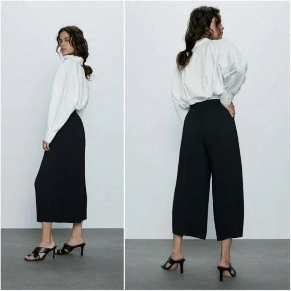 Zara EUC Pleated Black Elastic Waistband Culottes Pants Trousers Size XS - Picture 6 of 12